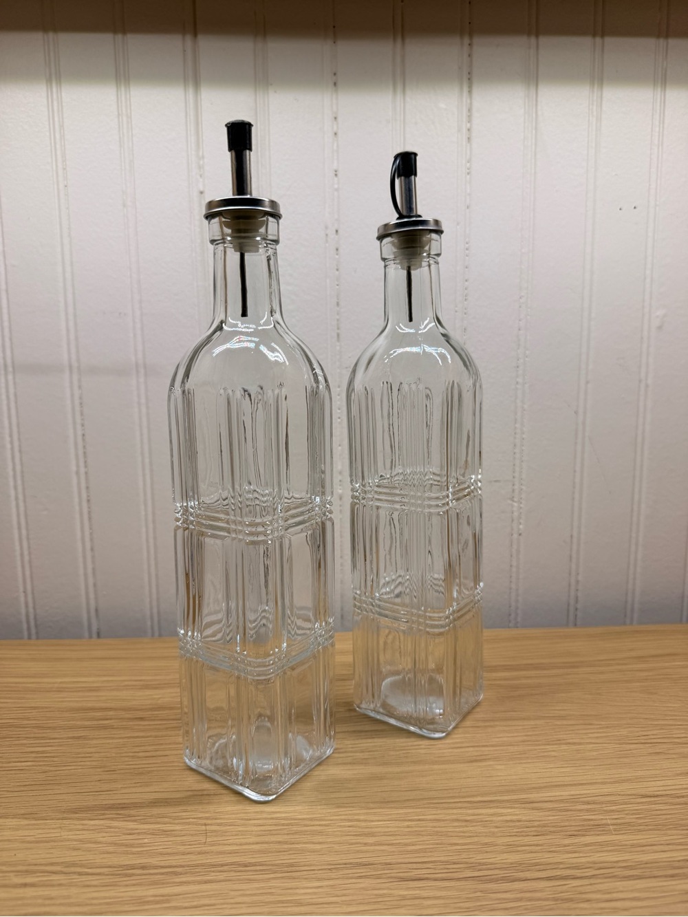 Source Unknown Clear Glass Square Oil and Vinegar Bottles with Pour Spouts